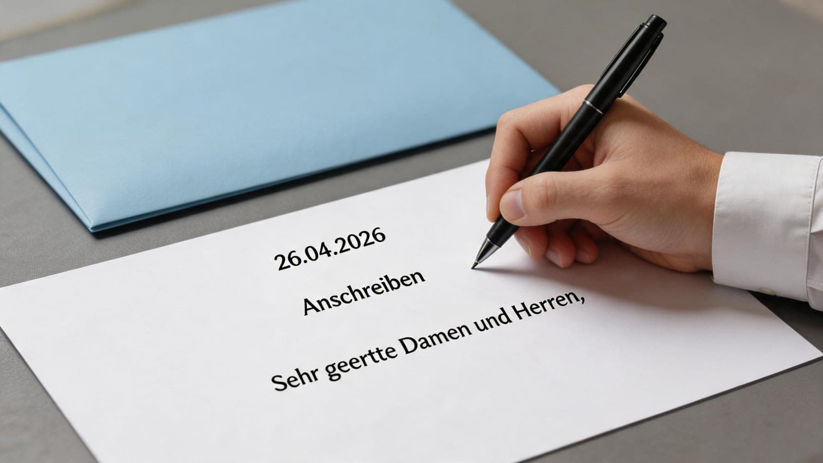 Hand unterschreibt deutsches Anschreiben für eine Bewerbung mit Kugelschreiber neben einem blauen Briefumschlag — Datum 26.04.2026 und Anrede Sehr geehrte Damen und Herren sichtbar