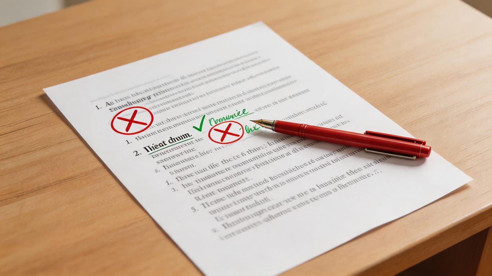 Bewerbungsdokument auf Holztisch mit roten X-Markierungen für häufige Fehler in deutschen Bewerbungen, daneben grüne Häkchen mit Korrekturen und ein roter Stift