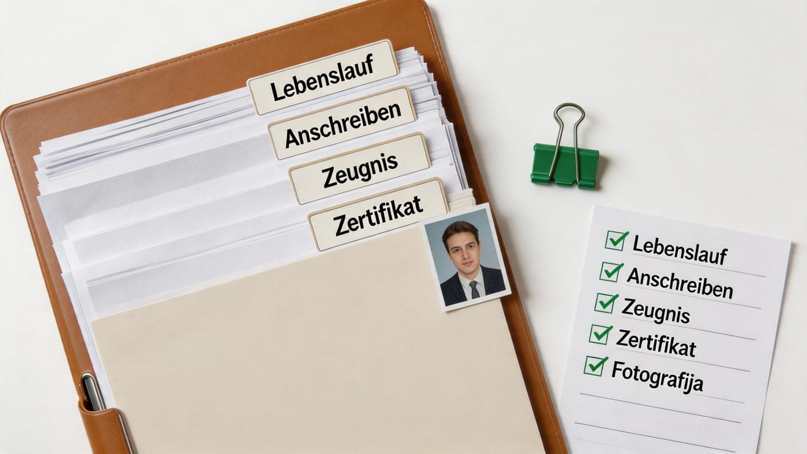 Vollständige Bewerbungsunterlagen für Deutschland in einer Mappe — Lebenslauf, Anschreiben, Zeugnis und Zertifikat mit Bewerbungsfoto und grüner Klemme, daneben Checkliste mit grünen Häkchen