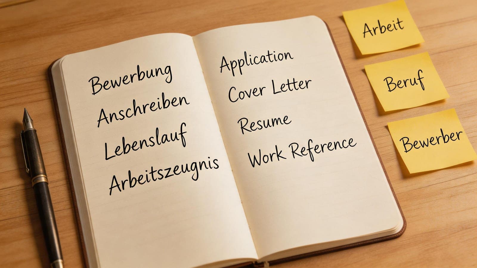 Offenes Notizbuch mit deutschem Bewerbungsvokabular — Bewerbung, Anschreiben, Lebenslauf, Arbeitszeugnis und Übersetzungen, daneben gelbe Post-it-Zettel mit Wörtern Arbeit, Beruf und Bewerber