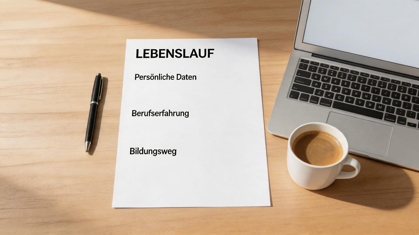 Deutscher Lebenslauf auf einem Holztisch mit Stift, Kaffeetasse und Laptop — Beispiel für Persönliche Daten, Berufserfahrung und Bildungsweg